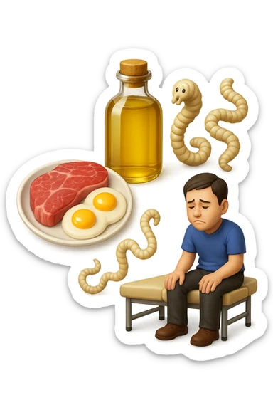 emoji stile iphone di UN PIATTO CON CARNE ROSSA E UOVA, UNA BOTTIGLIA DI OLIO DI SEMI, DUE PARASSITI TIPO LA TENIA, UOMO SEDUTO SU UN LETTINO DA FISIOTERAPISTA, IPERREALISTICO 4K sticker
