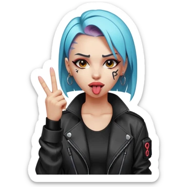 Woman with her tongue out in cyberpunk clothing and giving the middle finger. Looking naughty. sticker