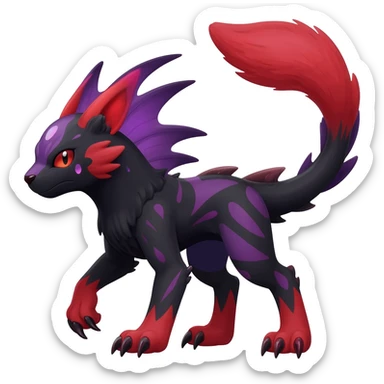 Rare realistic exotic edgy dark gothic gloomy spooky black and red/purple epic pretty beautiful handsome gorgeous aesthetic colorful vibrant Vernid-Trico-species-Fakemon-Salandit-hybrid-creature by LiLaiRa, 4 legs, 1 tail, random markings, (full body) sticker
