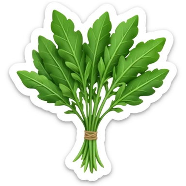 arugula, small bunch, deep green, jagged elongated leaves, slender stems, curled surface, loosely arranged, no bowl or plate, soft lighting, emoji scale sticker