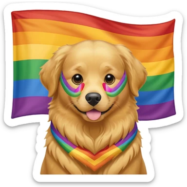 Adult golden retriever with LGBT flag sticker