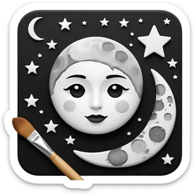 Visualize on-brand content — instantly. black white pallete preferred. brush painting on a canvas. app icon. modern, sleek, minimalistic. ai generated. make moon and star to look like a face. sticker