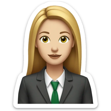 executive woman, long straight golden brown hair, green eyes, business suit sticker