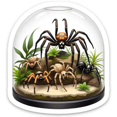 Collage of various spiders, including tarantulas and other exotic species, inside a  terrarium with webs and natural décor. Close-up shots of their intricate legs, eyes, and fuzzy bodies. Soft lighting, transparent background. sticker