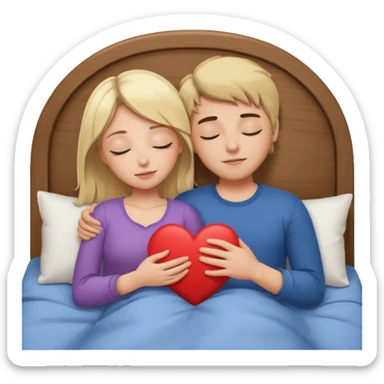 cuddling in bed, asleep. blonde girl. brunette man. eyes closed. heart between them. no headboard sticker