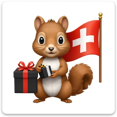 a squirrel holding a black gift box in one hand and a Swiss flag in the other, both objects clearly visible, simple white background, the gift is a different color from the flag sticker