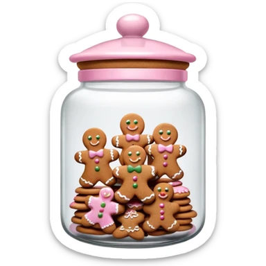 Realistic glass cookie jar with light pink lid full of gingerbread cookies isolated.  sticker
