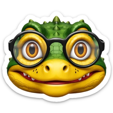 Cocodrilo con boca cerrada mirando de frente que tengan lentes negros y oscuros y sea color amarillo con fondo blanco sticker