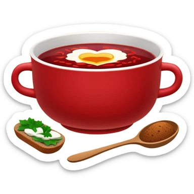 Russian cuisine avatar in clean emoji-style illustration. Borscht bowl, rye bread, warm red tones, simple shapes, flat design, high contrast, friendly and bold. sticker