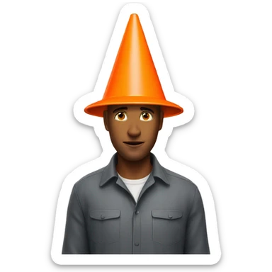 A guy with a orange traffic cone on his head that goes all the way down to his eyes  sticker