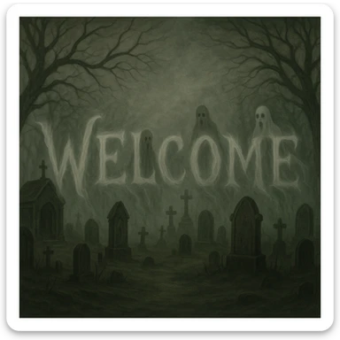 Add the word 'Welcome' in creepy, horror-themed text, integrated into the foggy graveyard banner. The text should appear ghostly and blend with the fog and tombstones, enhancing the horror theme. sticker