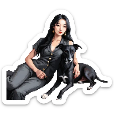 Very thin Chinese woman with long black hair relaxing in a luxurious hotel suite with exactly ONE whippet dog. EXTREME IMPORTANCE: the whippet must be ONE SOLID VERY DARK CHARCOAL GREY COLOR from nose to tail with ABSOLUTELY NO WHITE MARKINGS anywhere - NO white on face, NO white on muzzle, NO white on chest, NO white on paws, NO white on tail - NOTHING BUT A SINGLE SHADE OF VERY DARK GREY throughout the entire animal sticker