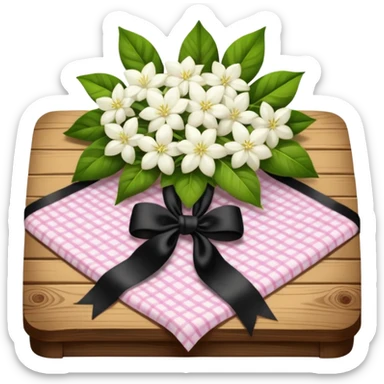 A lush bouquet of white color Jasmin black satin ribbon, resting on an antique wooden table, with a pale yellow and pink plaid pattern table cloth sticker
