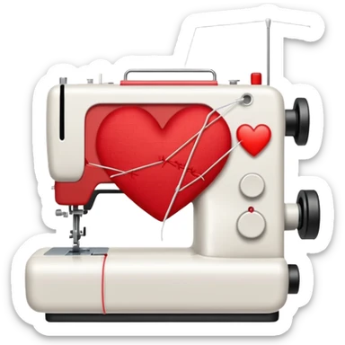 Heart stitched mid-sew, needle still pulling thread sticker