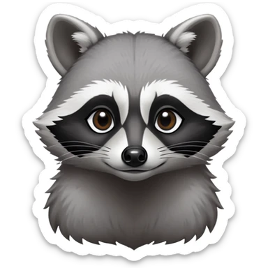 Cinematic-Noble-Raccoon-Portrait-Emoji – Poised and confident, with a sturdy build and a beautifully textured fur of silver-grey accented by dark black facial markings, deep-set, large big black eyes revealing no white, simplified yet sharp and sophisticated zoom out to show shoulders sticker