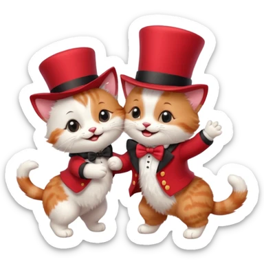 Steampunk:a very cute and adorable anthropomorphic baby cat with a red top hat is dancing with a puppy sticker