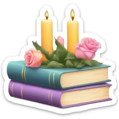 Vertical stack of books with candles and flowers surrounding make the colors pastel sticker