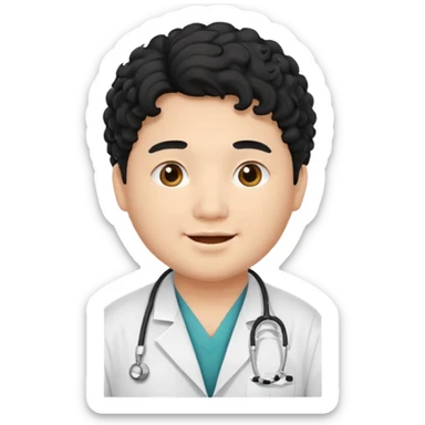 a young asian chubby male doctor with black long curly hair and cheerful face without gpasses sticker