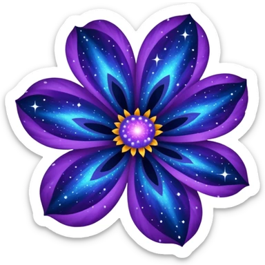 vibrant flower with petals resembling a galaxy nebula, deep blues and purples, scattered stardust sticker