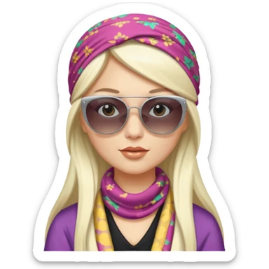 chic white girl pop singer, long straight platinum hair, patterned headscarf, big sunglasses sticker