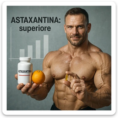 hyper realistic bodybuilder holding Astaxantina and orange in one hand, golden capsule in the other, visible muscles, bar chart, text 'Astaxantina: superiore', scientific atmosphere sticker