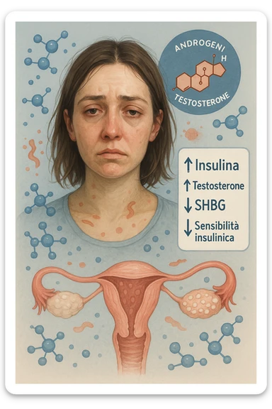Donna tra i 25 e i 35 anni in primo piano, con espressione affaticata. Intorno al suo corpo appaiono in modo stilizzato e simbolico squilibri ormonali: molecole di insulina in eccesso fluttuano attorno, androgeni (testosterone) evidenziati sopra la testa, segnali visivi di infiammazione cronica lieve. Sopra le ovaie (visibili in trasparenza) compaiono piccole cisti multiple. Accanto a lei, un diagramma stilizzato mostra: '↑ Insulina', '↑ Testosterone', '↓ SHBG', '↓ Sensibilità insulinica'. L’atmosfera è scientifica, educativa ma empatica. Stile realistico con elementi infografici fluttuanti e colori freddi ma puliti. sticker