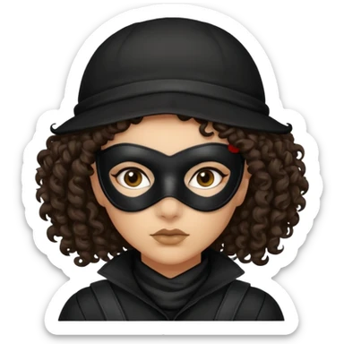 woman with robber mask concerned dark curly hair and robber outfit sticker