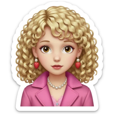 pale girl , who has curly medium length blonde and curly bangs, narrowed hazel eyes , slightly dark but shiny brown shadow, in a dark brown jacket with fur on the shoulders , wearing a pink laced camisole, wearing pearl earrings, wearing a strawberry hairclip sticker