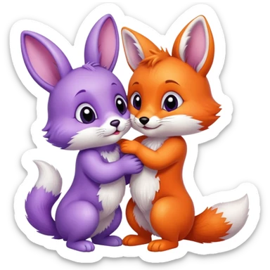 A purple bunny kissing an orange fox cub with a bushy tail sticker