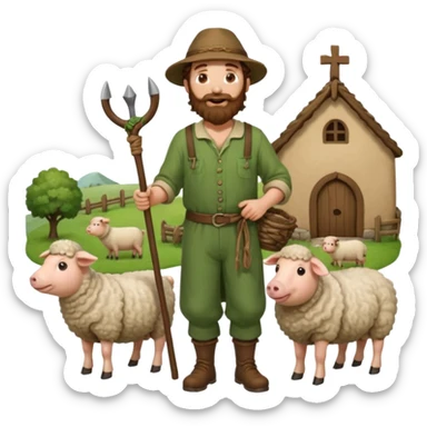 happy shepard with long curly brown beard and long curly brown hair, in green village outfit, with wooden shepard stick in hands, taking care of sheep and pigs sticker