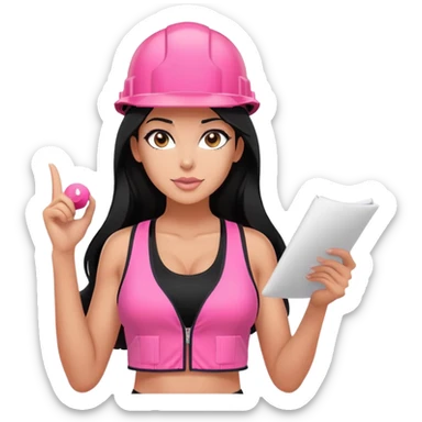 pink construction hat, design draft in hand, long black hair tanned woman, black sports bra, pink vest, sexy, hot  sticker