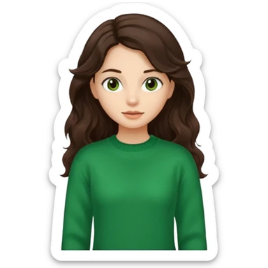 Una chica güera con pelo ondulado café oscuro largo ojos cafés oscuros y con un suéter o camisa veerde. El pelo hazlo un poco más largo, con los ojos cafés oscuros  sticker