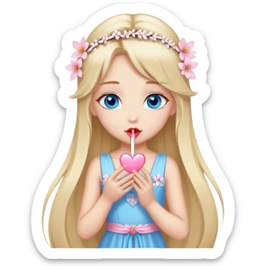 Girl with long blond hair and sakura accessories on her hair with a long tailed dress on the floor and have blue eyes beautiful finish and she sending lovely kisses  sticker
