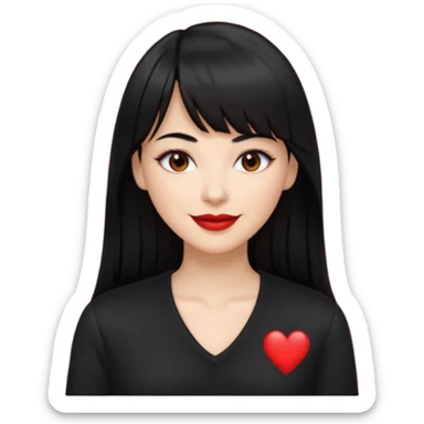 A white woman with Long straight hair with bangs, black hair, brown eyes and a black low-cut shirt smiling sticker