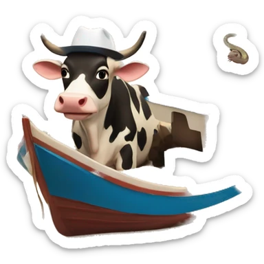 Cow with a hat on a boat in the sand with a snake on a car with a huge building next to it sticker