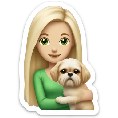 Girl with long blonde hair, freckles, and bright green eyes holding an all beige shih tzu dog  sticker