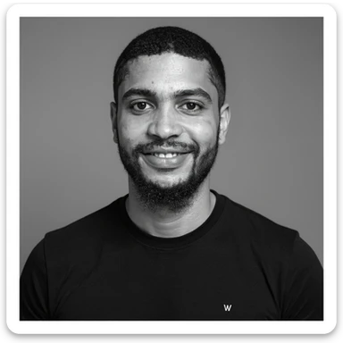 A professional portrait in monochrome. Plain black crew neck shirt. Tailored to LinkedIn. Tech boy vibe (programmer) sticker