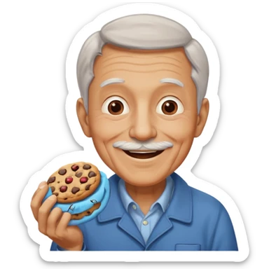 old man portrait smiling and handing a chocolate chip cookie sticker