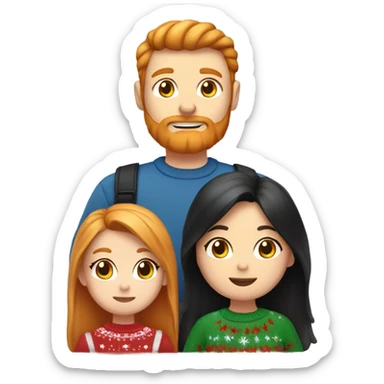 One ginger cat one black hair dad one brown hair mom and one blond little daughter wearing Christmas clothes sticker