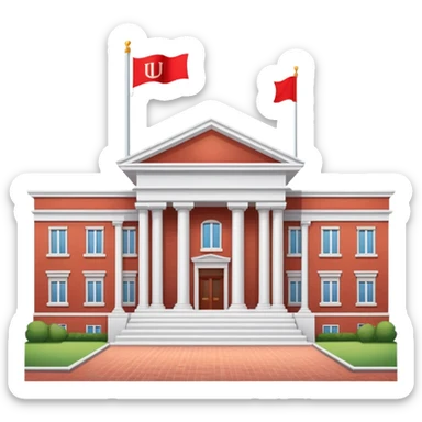 A flat cartoon-style university building with columns and a small flag on top. Red brick, symmetrical, clean design, white background, iOS emoji aesthetic. sticker
