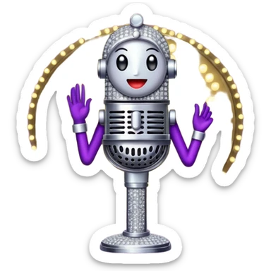 Create a glamorous and vibrant emoji representing stage vocal performance. The design should feature a humanless collage of classic vintage microphone, stage costume covered in rhinestones, large scene speakers, scene lights. The costume should be stylized, with glittering elements like sequins and sparkles, and reflect the glitzy, extravagant nature of show business. The microphone should have a sleek, retro look with chrome or metallic accents. Use rich, dazzling colors like gold, silver, deep purple, and bright red to evoke the glamorous, larger-than-life feel of a stage performance. The background should be transparent. sticker