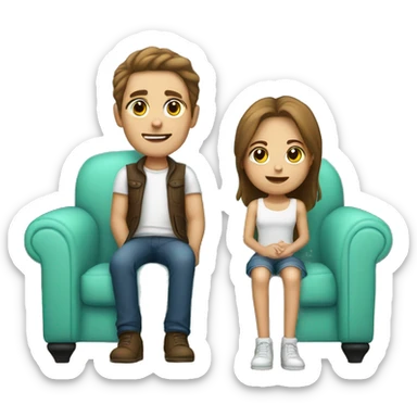 Brown hair White skin  boy and girl with mini pincher Sit on couch sticker