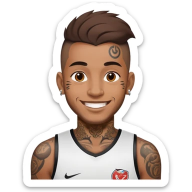 man with face tattoos, smiling, wearing a sports jersey sticker