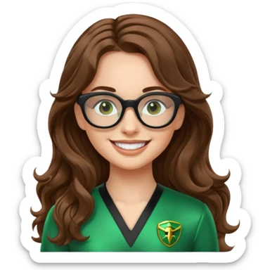 green power ranger, white girl with long brown wavy hair, thin black glasses, smiling, emoji style sticker