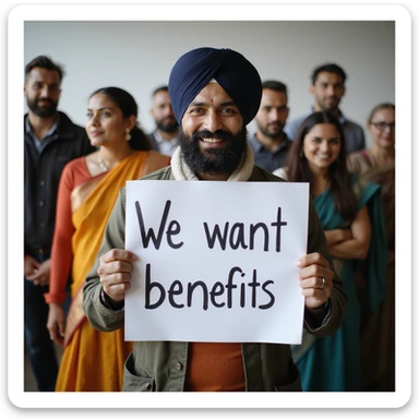 group of indian customers holding a board written "We want benefits" sticker
