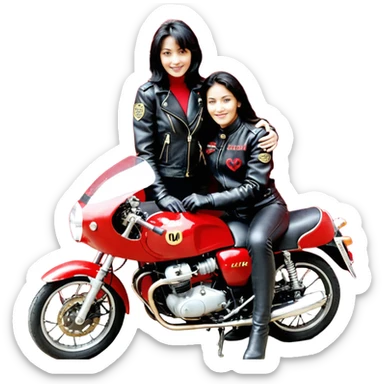 Crie um motoqueiro de jaqueta preta junto com uma mulher de jaqueta preta com um símbolo de um coração vermelho com chama vermelha e letras HL escrito em dourado dentro do coração vermelho, a mulher abraçado ao motoqueiro os dois de costas na moto Harley Davidson vermelha  sticker