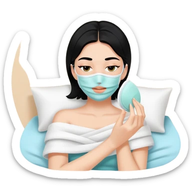 white girl with black hair doing self care, face mask, relaxing sticker