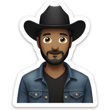 One white man using a black cowboy hat, a jeans jacket and a black beard sticker