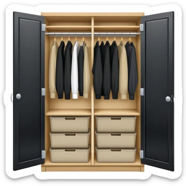 Wardrobe with both doors open showing organized collection of black shirts, khaki pants and overalls for work sticker