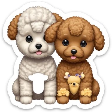 Two small, fluffy dogs with a toy poodle / bichon-like appearance, both with round faces, black button eyes, and short snouts. Their fur is bright white, tightly curled, and freshly groomed, styled in a plush, teddy-bear cut. sticker